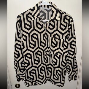 Zara Geometric Print Button Down Shirt XS Black Cream Lightweight Blouse